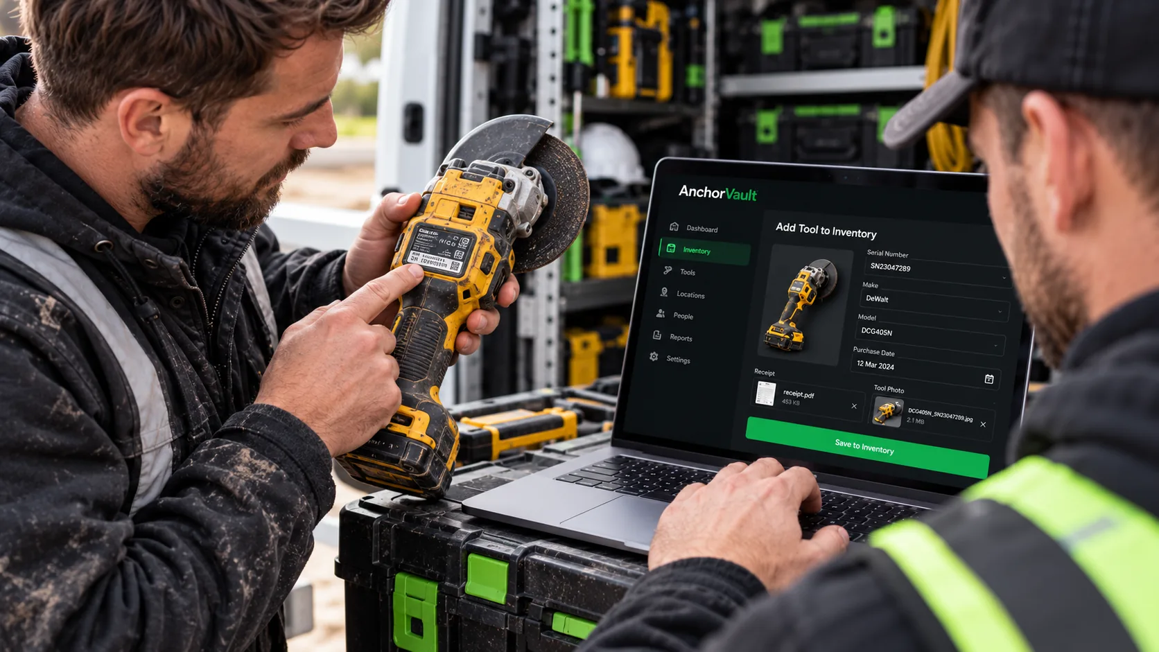 Tradespeople organising a tool inventory