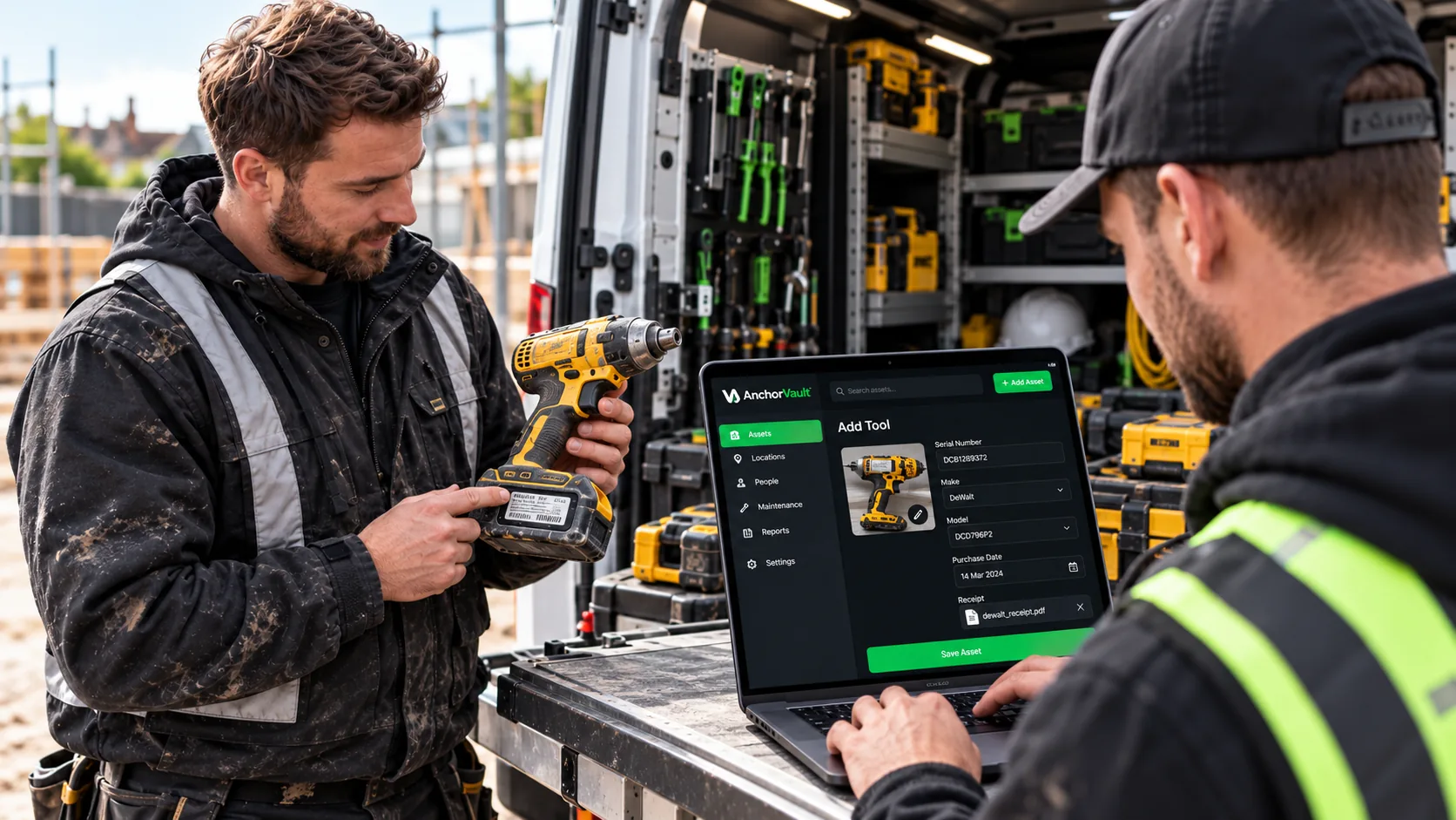 Tradesperson records drill information on a laptop running the AnchorVault interface