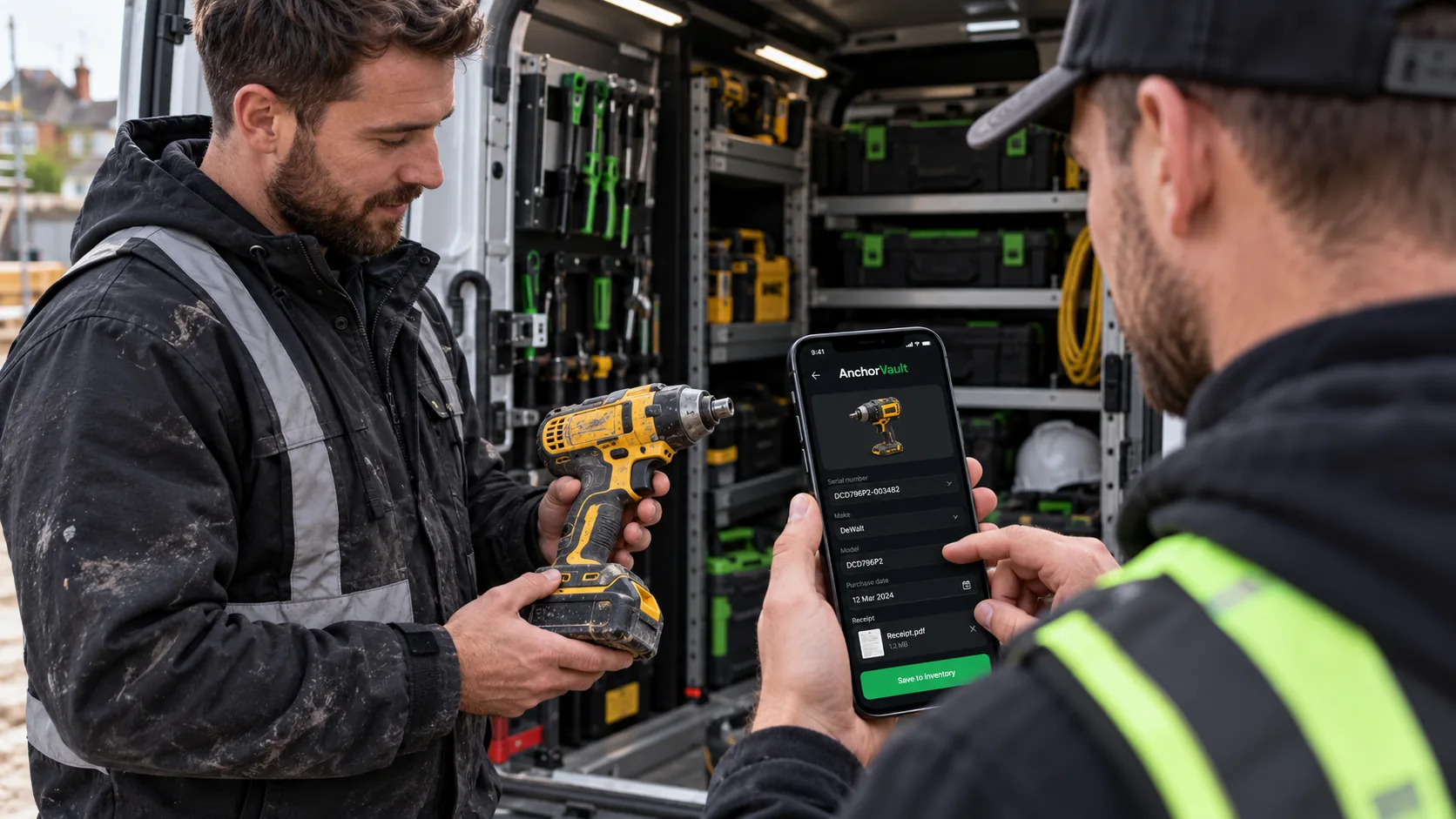 One tradesperson holds a drill as another records the item in the AnchorVault mobile interface